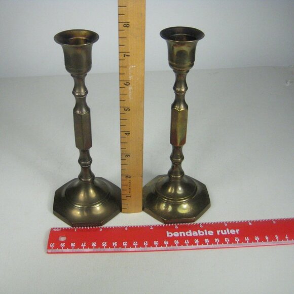 Vintage Brass Candlestick Set 2 Hexagonal Base - Picture 2 of 12